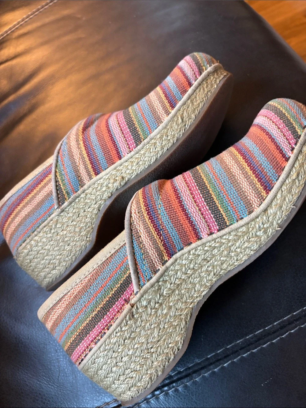 Dansko vegan Pink Orange Blue Striped Slip-Ons espadrille clogs